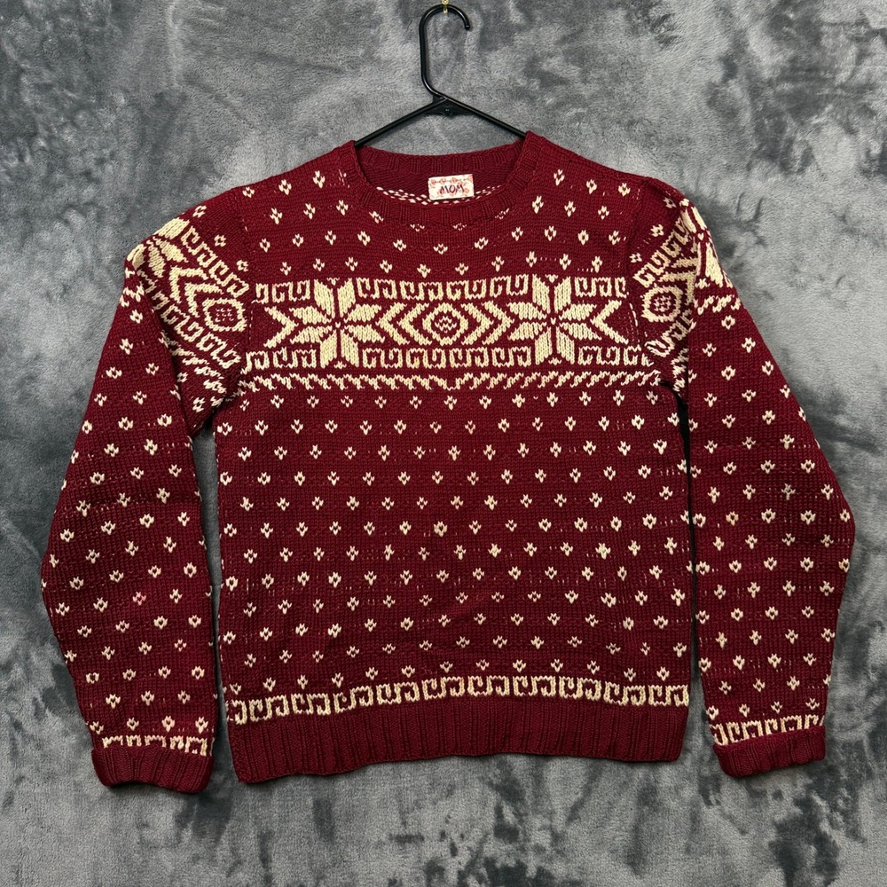 Handmade Sweater Unisex Small Burgundy Fair Isle Snowflake Knit Pullover